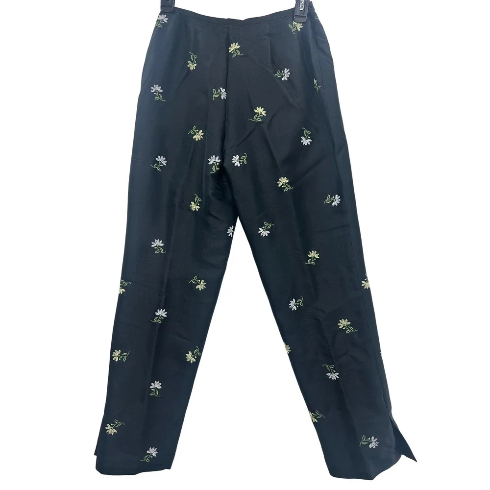 Petite Sophisticate Embroidered Floral Silk Pants Size 4 Black Dressy Career
